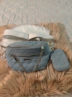 Steve Madden Quilted Light Blue Crossbody Belt Bag with Pouch and Chain
